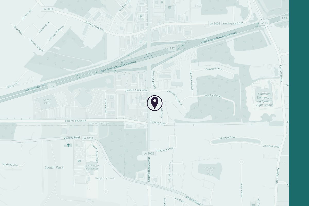 Map of Denham Springs with South Range Avenue running north to south and a pin on Off The Chain